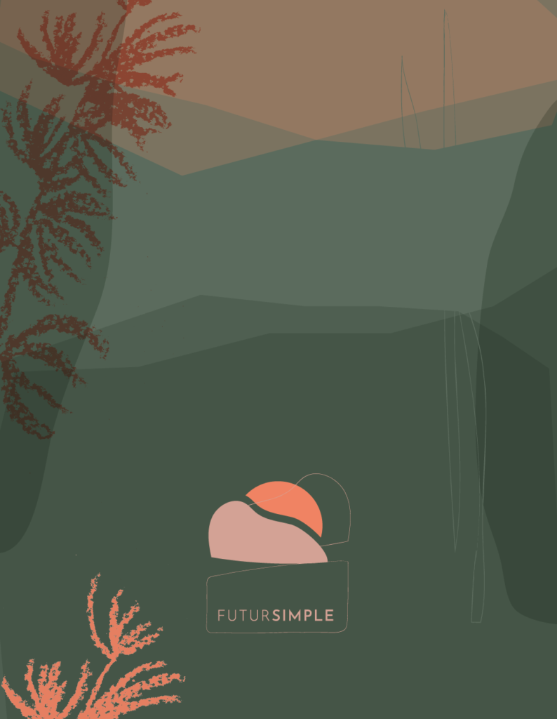 Image paysage vert, rose, brun avec le logo Futur simple et au premier plan des branches de cèdre dessinées au crayon gras