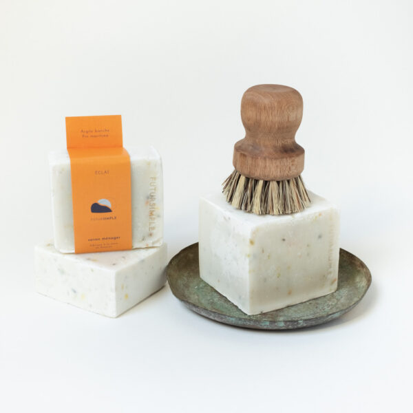 cube de savon ménager et sa brosse à vaisselle