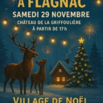 affiche noël à flagnac, décor de noël la nuit, rennes, guirlandes illuminées, chalet éclairé et sapin